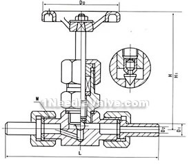 J21/23W type external thread needle valve(with connecting pipe) constructral diagram